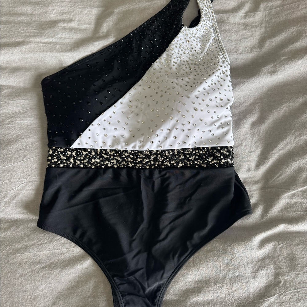 Never worn Black and White One-Shoulder Pageant Swim One Piece